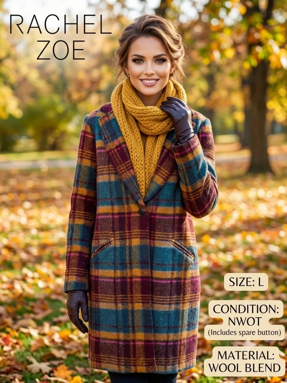 RACHEL ZOE Womens Large Plaid Wool Blend Overcoat NWOT Teal Gold Burgundy Coat - Picture 1 of 14